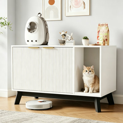 Cat Litter Box Enclosure with Cat Litter Mat and Ventilated Holes, 38.6" Litter Box Enclosure Furniture Hidden Litter Box, Modern Indoor Cat House, Side End Table for Living Room, White
