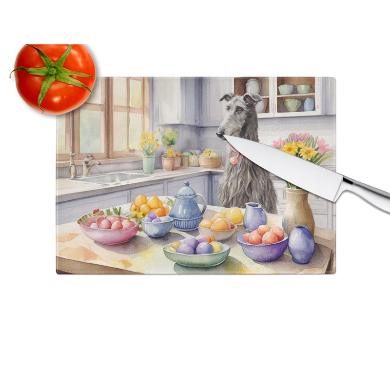 Decorating Easter Scottish Deerhound Glass Cutting Board