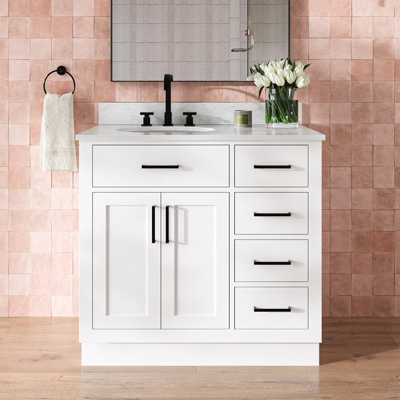 Meuble-lavabo simple Jameal de 36 po en bois massif avec comptoir en marbre de Carrare de 0,75 po et lavabo ovale dÃ©calÃ© Ã  droite
