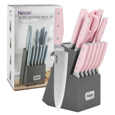 Hecef 14-Piece Kitchen Knife Block Set, X30Cr13 High Carbon Stainless Steel, Nitride-Coated Blades, Ergonomic Handles, Ventilated Wood Block – Multiple Colors, Gift-Ready