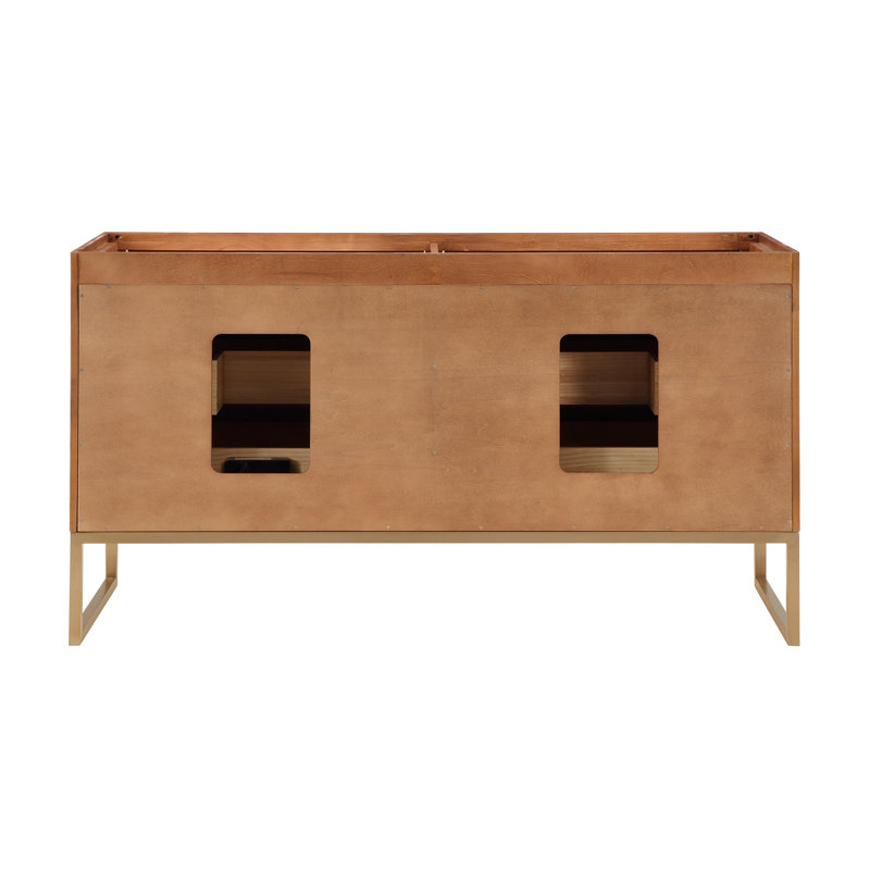 Markham 60 in. Double Vanity, White Quartz, Walnut, Satin Brass