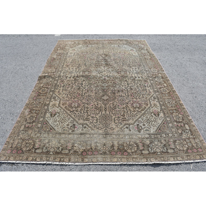 Tapis turc rétro vintage de style Oushak fabriqué à la main avec de la laine pour un élégant décor de salon brun / rose