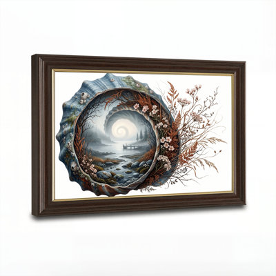 Art mural antique sur toile encadré doré pour le salon, la chambre à coucher, le bureau ou le vestibule - décoration murale décorative avec paysage coquille