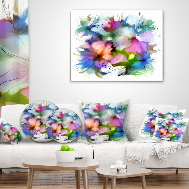 Watercolor Floral Bouquet - Coussin imprimé floral, 18 po x 18 po, Coussin décoratif