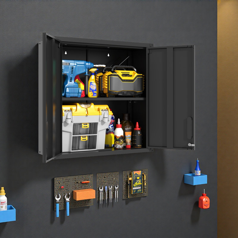 Armoire de rangement murale en métal avec porte verrouillable et 1 tablette pour garage, bureau, assemblage requis, Noir