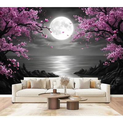 Peel and Stick Wallpaper Ocean View Framed by Pink Cherry Blossoms Rocky Shoreline Wall Murals 69"H x 96"W Removable PVC Wall Paper Self-Adhesive Wall Decor for Bedroom Living Room Home Office