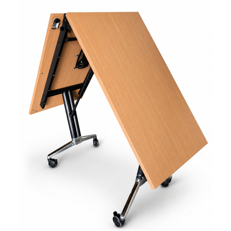 Tables de formation pliables pour 12 personnes, extra longues pour les colloques et les conférences avec plateau épais, couleur hêtre, pieds pliables et boîtiers électriques intégrés