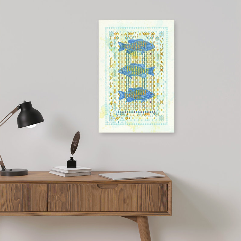 Three Blue Fish Pattern Contemporary Fish Beach Portrait Wall Art Print 1 Piece Wrapped Canvas Wall Art