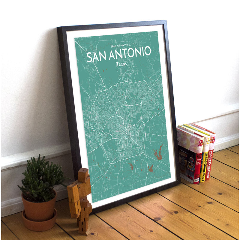 «San Antonio City Map», reproduction d'impression sur affiche en vert, H 17 po x l 11 po