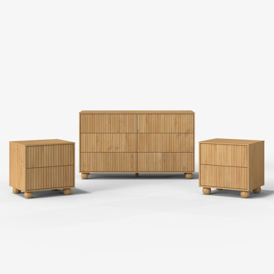 Bedroom Set with 3 Pieces (Fluted 6-drawer Dresser & 2-drawer Nightstand Set of 2)