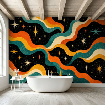 Papier peint adhésif pelez et collez, vagues cosmiques rétro, étoiles bleu sarcelle, art mural auto-adhésif et amovible