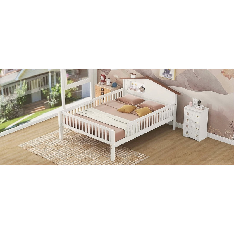 Lit plateforme en bois avec tête de lit Kitzie, rangement à DEL et rangement intégré, Lit double, Blanc