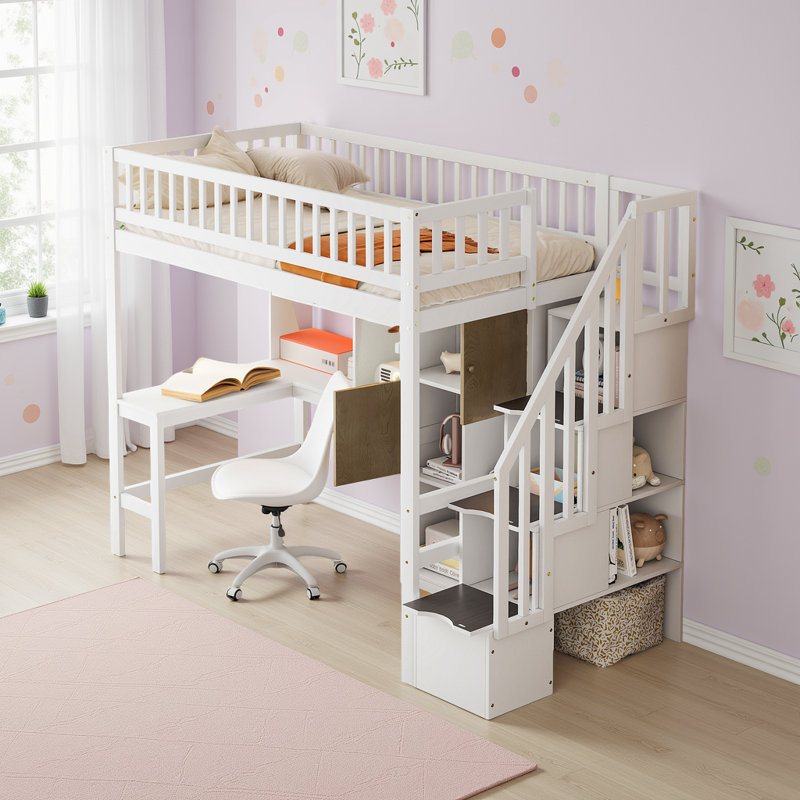 Lit mezzanine à DEL avec bureau intégré et multi-rangement, Blanc