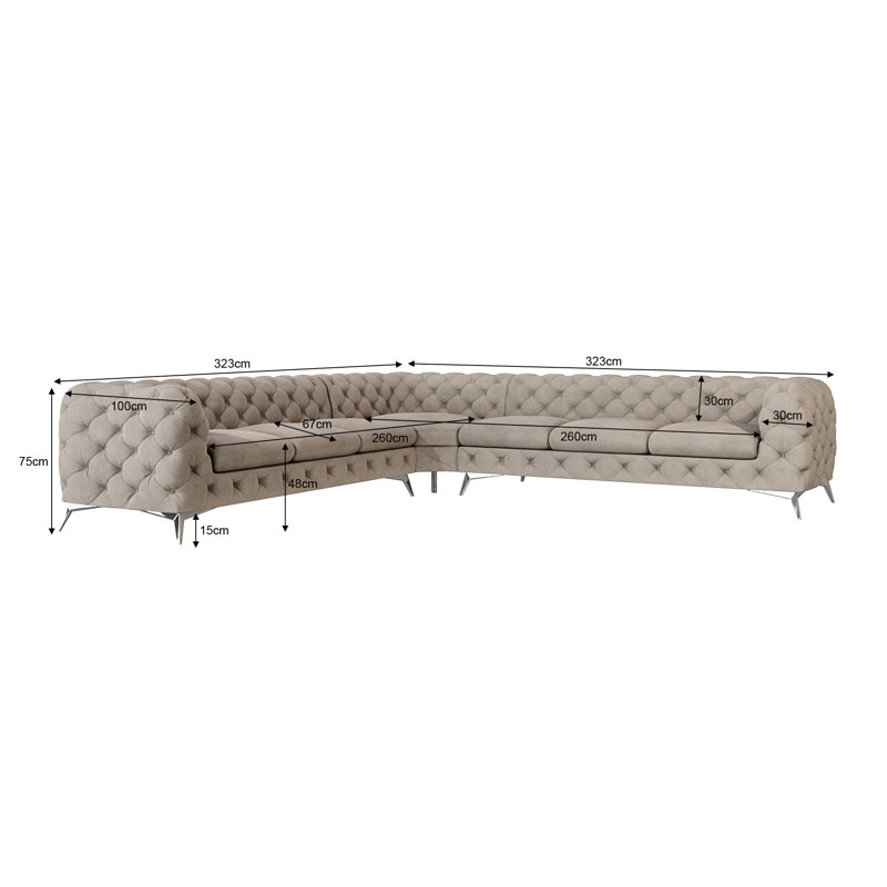 Chesterfield Corner Sofa L-Shape  with Silver Metal Legs, Dark Cream
