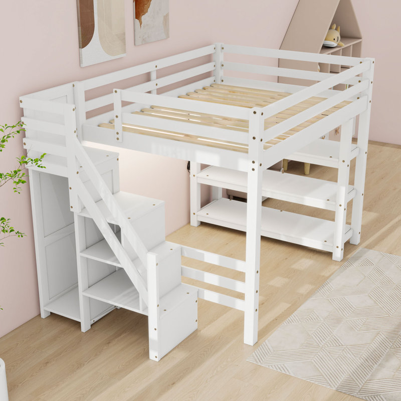 Lit mezzanine avec garde-robe, tablettes, rangement pour escalier et éclairage DEL, Double
