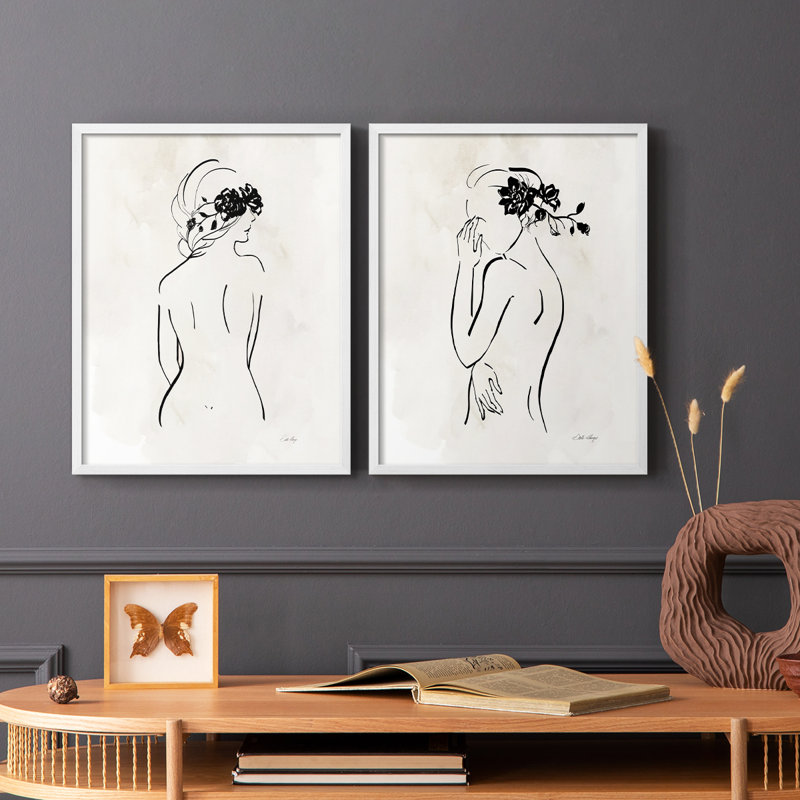Dessin au trait romantique I - impression encadrée de qualité supérieure - prêt à être accroché - aucun clou requis - aucun clou requis