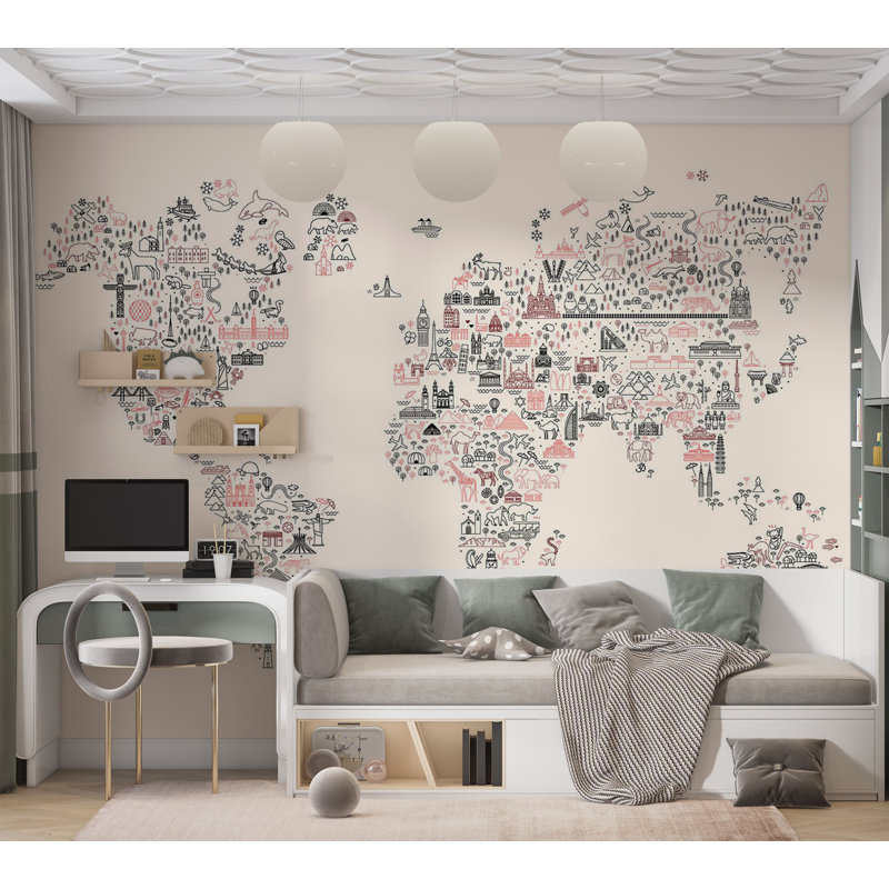Adhésif mural pelez et collez pour enfants - carte du monde avec des icônes, L 57 po x L 41 po