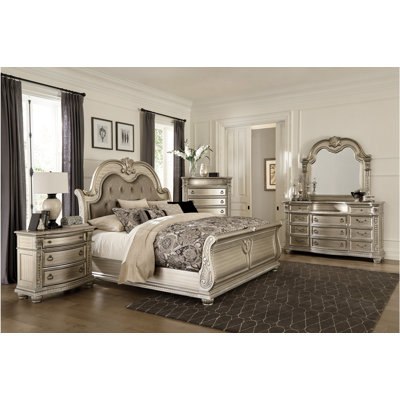Lelia Silver Faux Leather Upholstered Sleigh Bedroom Set King 4 Piece: Bed, Dresser, Mirror, Nightstand -  Rosdorf Park, 1FCEC8EC46AB4FA488FB752EC4EE3B2C