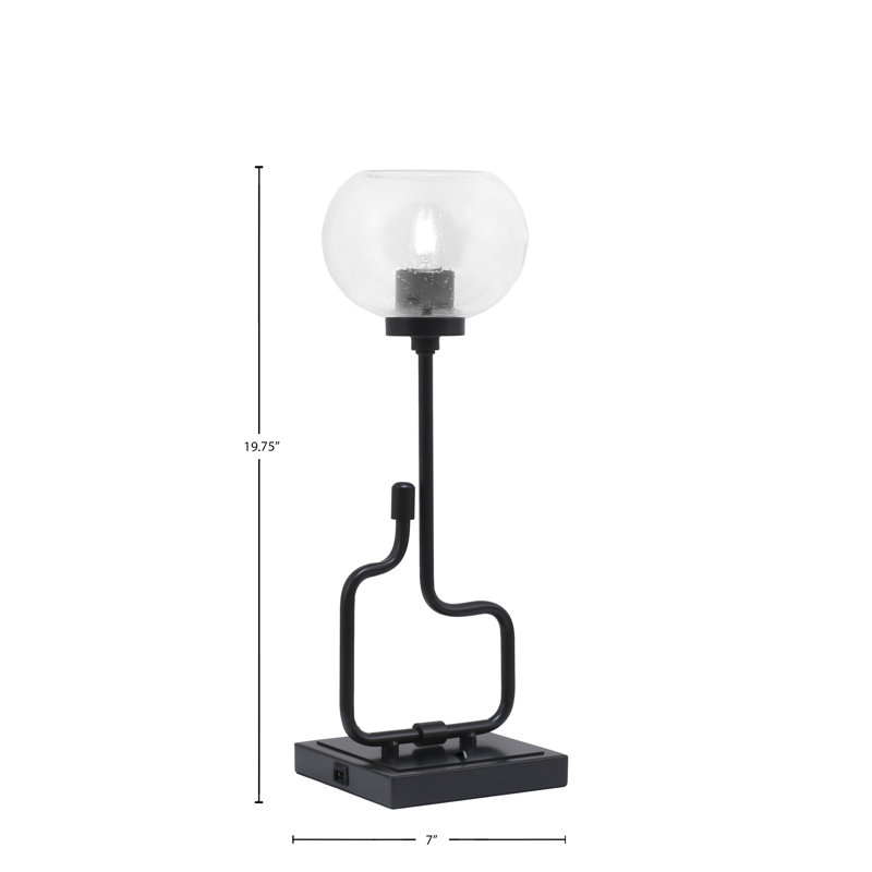 Lampe d'appoint Amarmula, avec ports USB, finition noir mat, verre à bulles transparent de 7 po, Noir, Clair