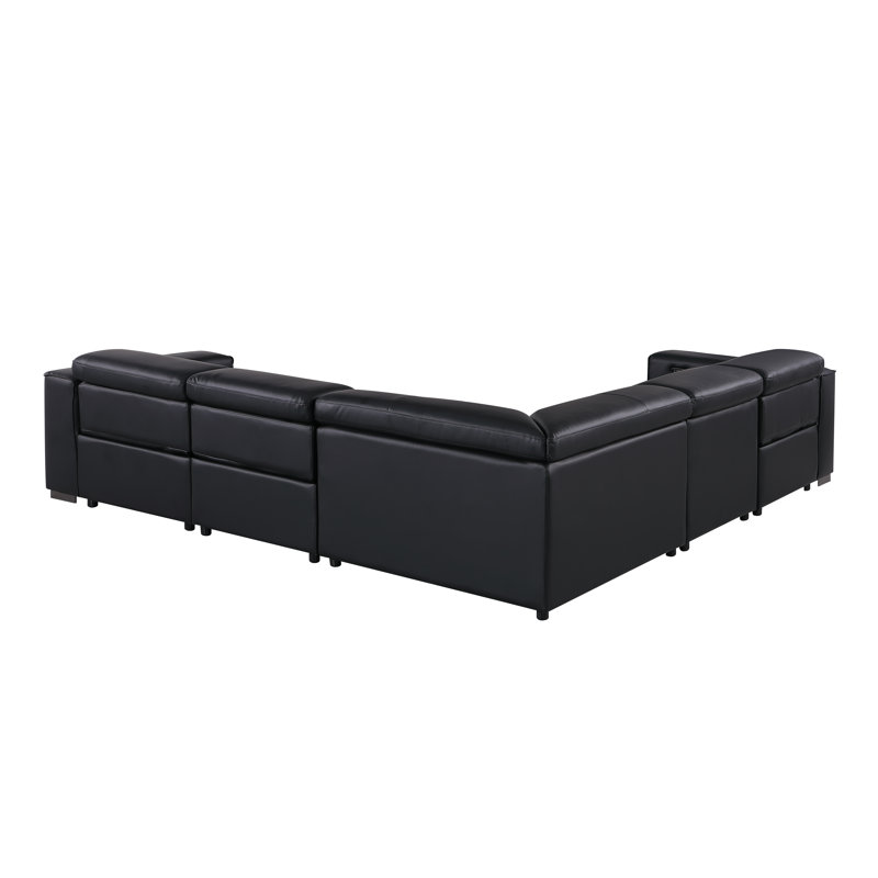 Luxurious Genuine Leather 5-Piece Sectional With 3 Power Reclining Seats & Power Headrest, Black
