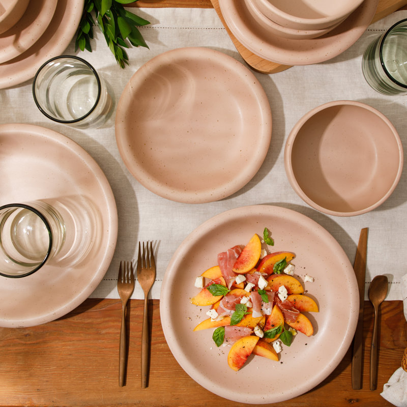 Bloomhouse Corcisa Clay 12 Piece Stoneware Reactive Glaze Dinnerware Set - Prosecco Blush Pink, Red