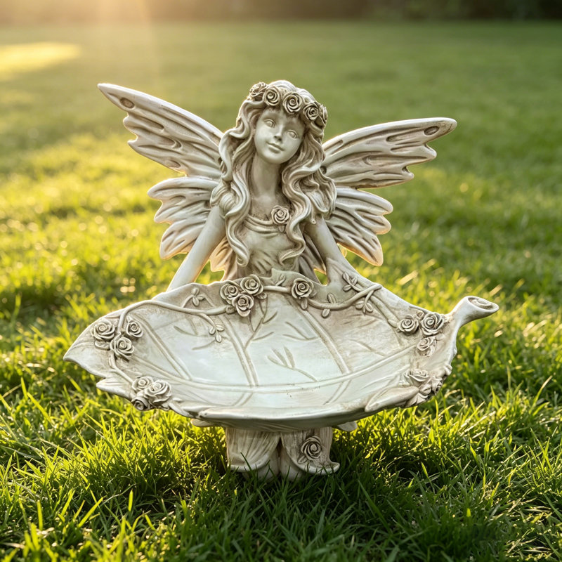 Statue d'ange féerique de jardin multifonctionnelle en résine avec plateau en forme de feuille, mangeoire à oiseaux et plateau décoratif pour une utilisation intérieure et extérieure
