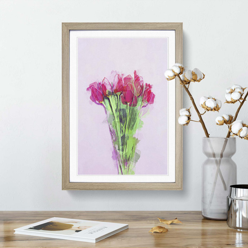 A Bunch of Pink Tulips in Abstract - Picture Frame Graphic Art Print, Oak Framed, 36cm H x 27cm W x 2cm D