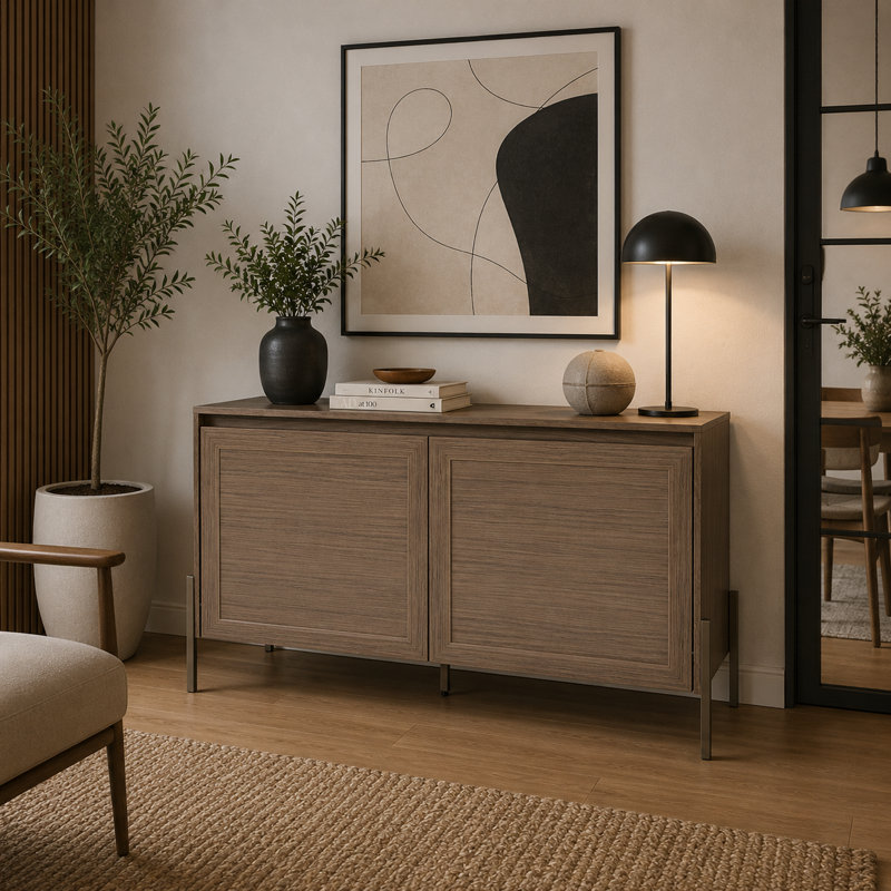 Buffet moderne à 2 portes avec meuble télé intégré, meuble de rangement en bois de noyer avec portes encadrées et pieds en métal