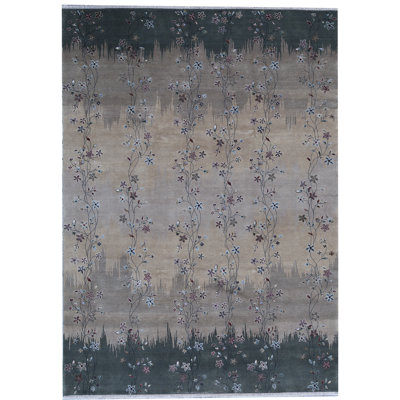 Tapis doré et vert noué à la main de haute qualité