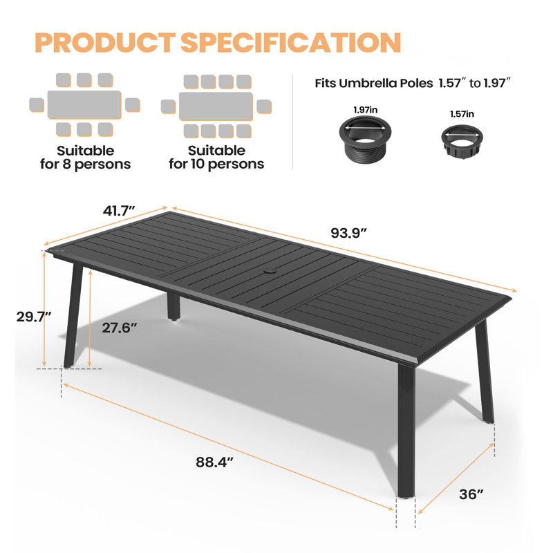 Table de salle à manger d'extérieur rectangulaire en aluminium avec trou pour parasol Rajni, l 93,9 po x P 41,7 po, Noir