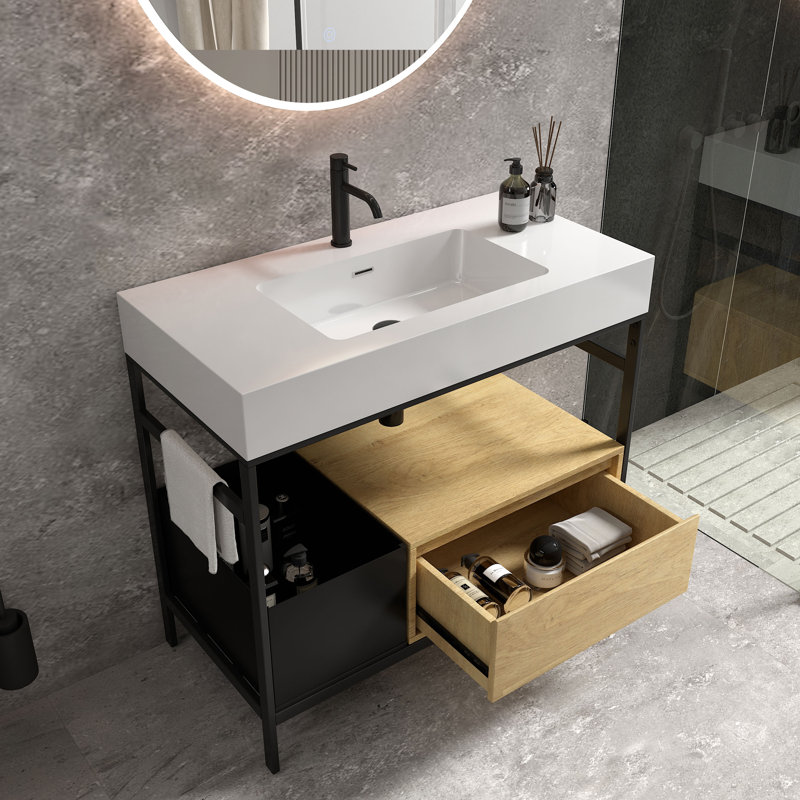 Meuble-lavabo 36 po avec lavabo, pieds en métal, porte-serviettes, tiroir et panier à linge, 1, Blanc lustré