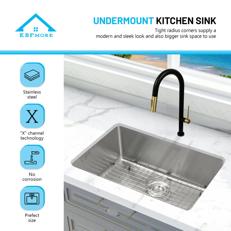 KBFmore 23 L x 18 W Undermount Kitchen Sink with Strainer and Bottom Sink  Grid