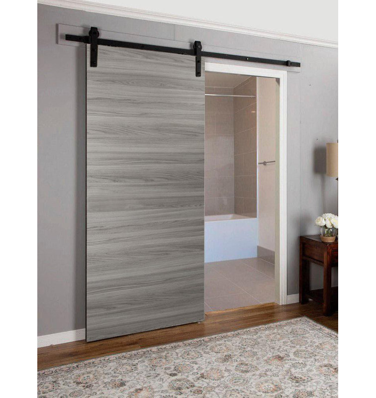 Porte de grange robuste avec quincaillerie | Planum 0010 chocolat cendré | Ensemble de cintres lourds 6,6 pi | Portes intérieures modernes à panneau solide - 42 po x 80 po - Rail noir