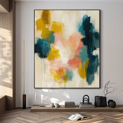 Extra Large Colorful Abstract Wall Art Print - Yellow, Pink, and Teal Drip Contemporary Artwork Modern Decor for Living Room or Bedroom, Frame Assembly Required (Frame Assembly Required)