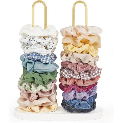 Dual U‑Rod Scrunchie Holder Stand Metal & Pine Wood Base Hair Accessory Organizer for Scrunchies Hair Ties Headbands Claw Clips Bracelets Vanity Dorm Bedroom Countertop