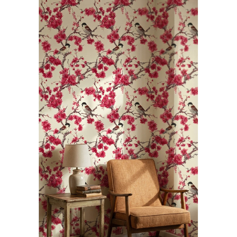 Papier peint amovible floral avec oiseaux, Peler et coller