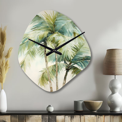 Edgin Green Minimalims Palm Trees I - Green Asymmetrical Metal Wall Clock, Traditional Irregular Shape Wall Clock Print