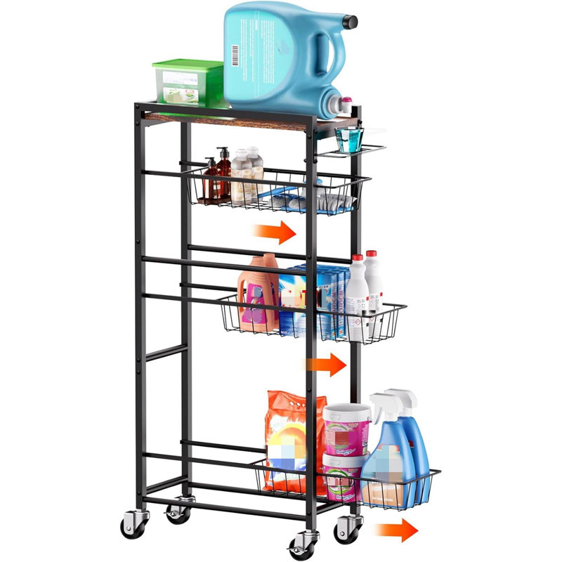 4 Tier Slim Rolling Storage Cart with Pull-Out Baskets