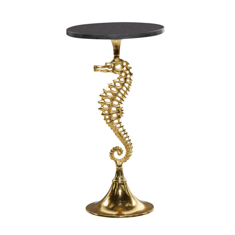 Hornblow Aluminum Metal Sea Horse Side End Gold Accent Table with Black Marble Table Top, 25" H x 13" W