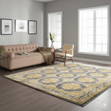 Ivory Hand-Knotted Wool Wreathed Medallion European Modern Contemporary Carpet Rug