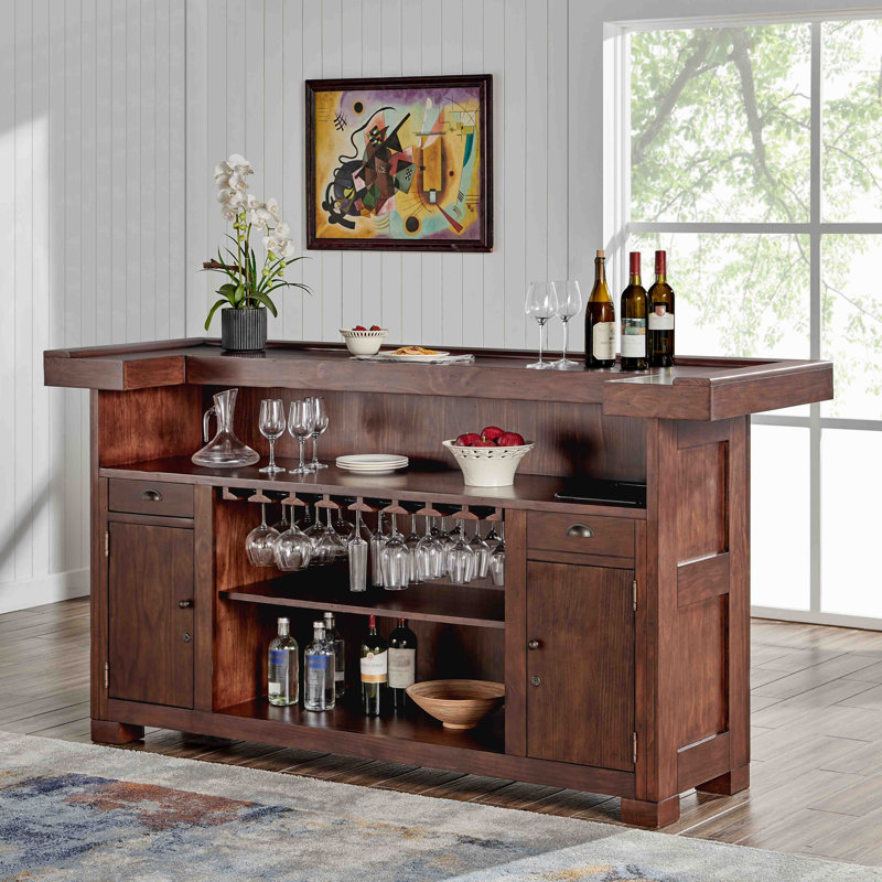 Bar American Home Savannah - Bois massif au fini brun rustique avec rangement intégré, porte-bouteilles et armoires à boissons verrouillables