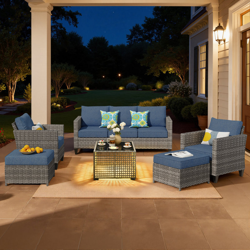 Ensemble de conversation en rotin avec coussins et table basse Harbin, No, 7, Bleu denim