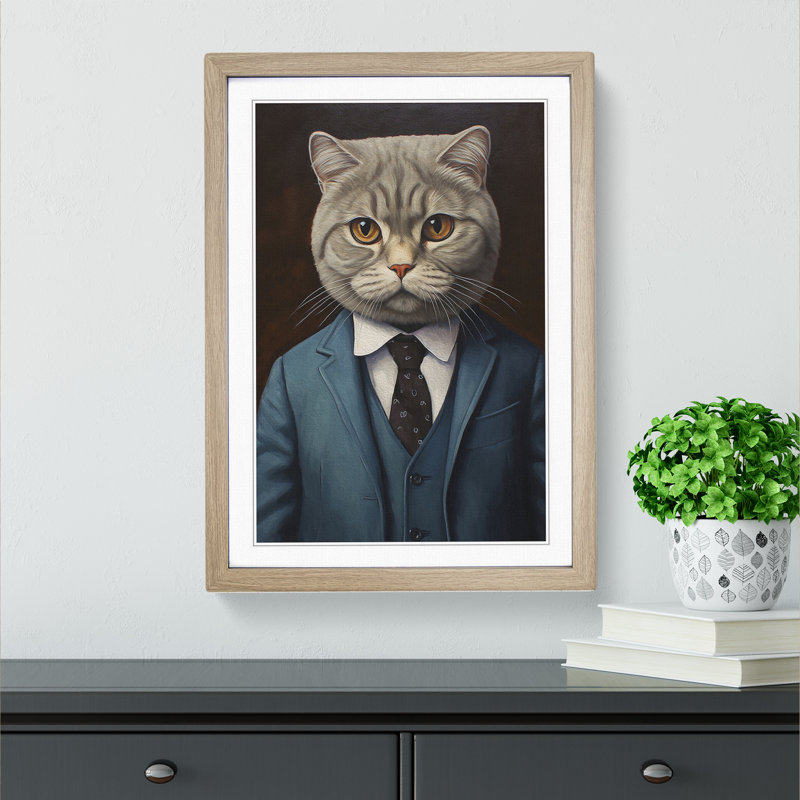 Cat In A Suit Painting No.4 - Single Picture Frame Print on Wood, 46cm H x 34cm W x 2cm D, Oak Framed