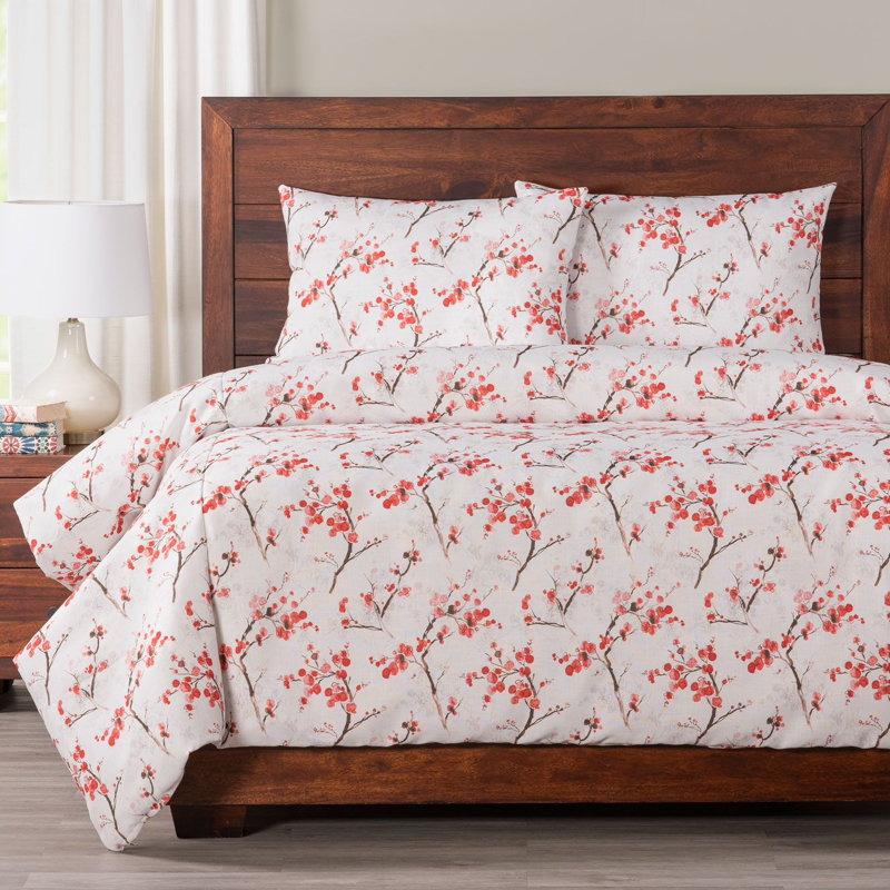Tree Blossom Red/White Microfiber Duvet Cover Set, Full Duvet Cover + 2 Standard Shams