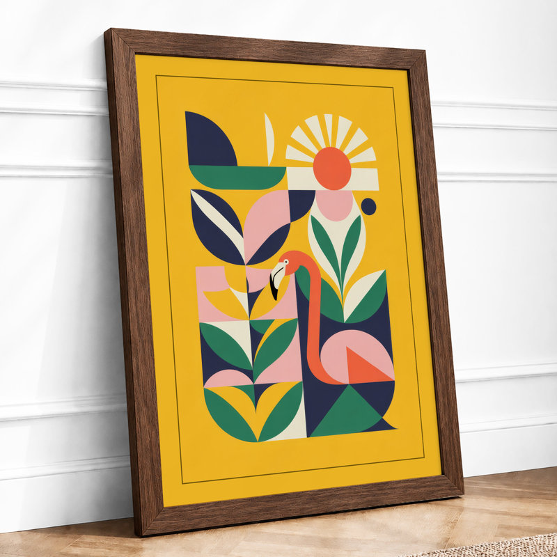Flamingo Among Geometric Blooms Art Deco - Framed Print, A3 - 42.0 x 29.7 cm, Walnut