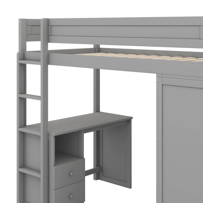 Lit mezzanine simple en bois rustique avec armoires encastrées, bureau à 2 tiroirs et unité de rangement, Gris