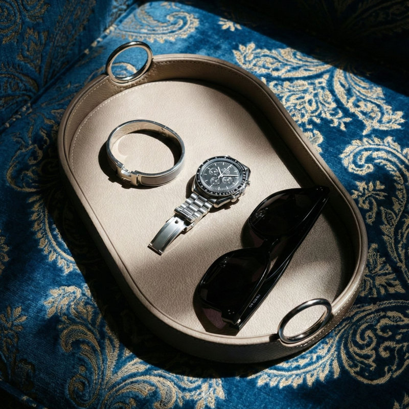 Saddle Leather Oval Tray In Stainless Steel