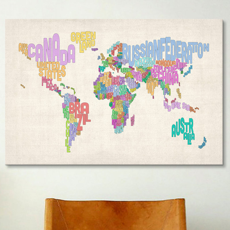 « typographie text world map » par michael thompsett, impression sur toile tendue, H 26 po x l 40 po x P 1,5 po, Pas de tapis