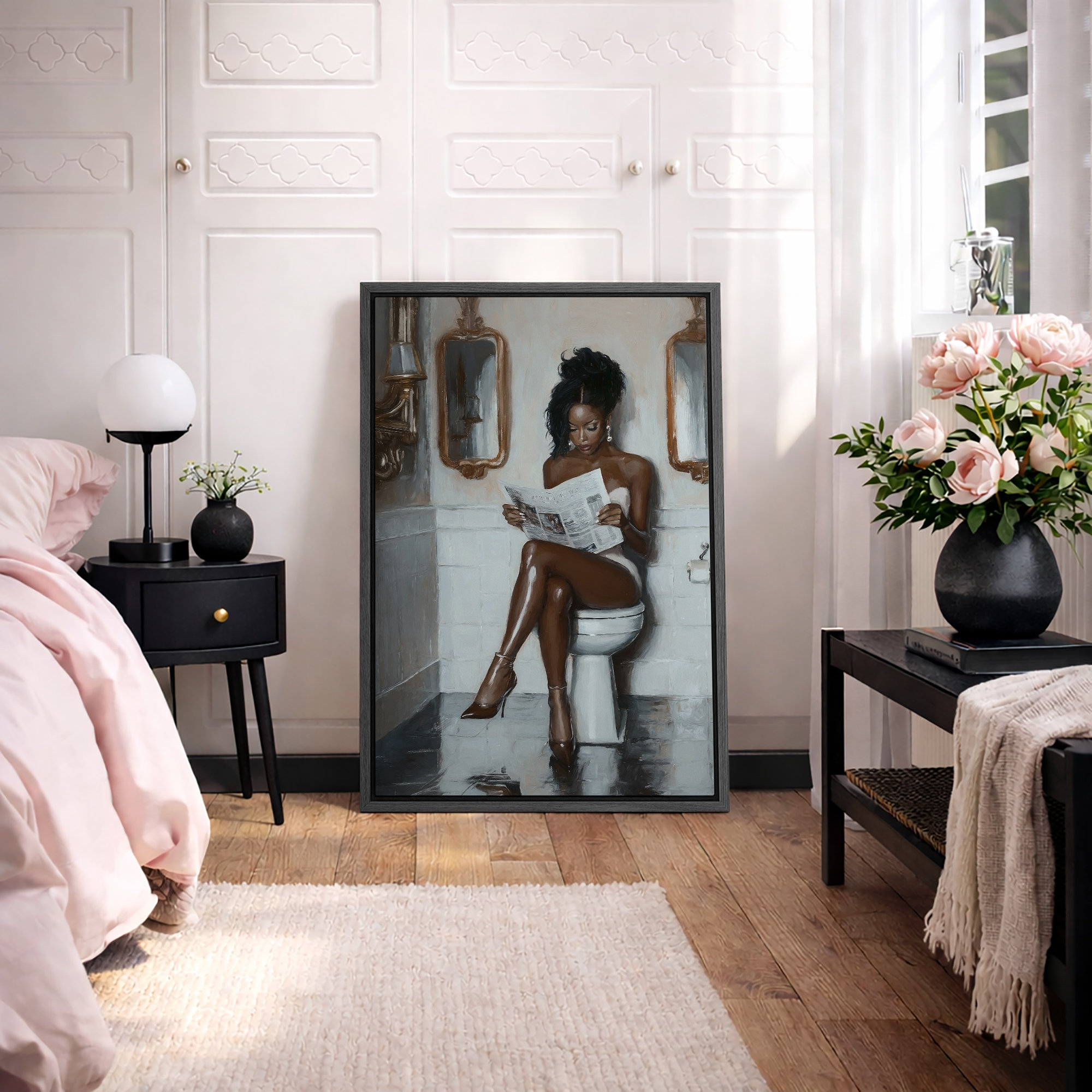 IDEA4WALL Elegance "Glamorous Woman Reading Newspaper Chic Artwork, Bathroom/Vanity Room/Powder Room Decor Wall Pictures, Large Framed Canvas Digital Giclee Print Wall Art" & Reviews | Wayfair