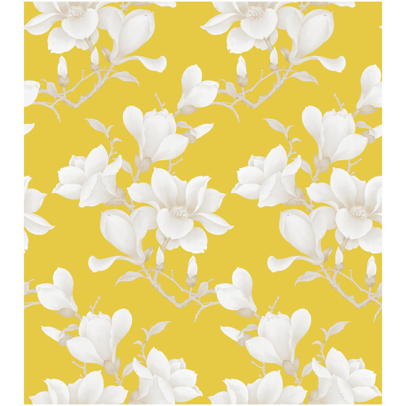 Élégant mur de papier peint branche de magnolia sur fond jaune